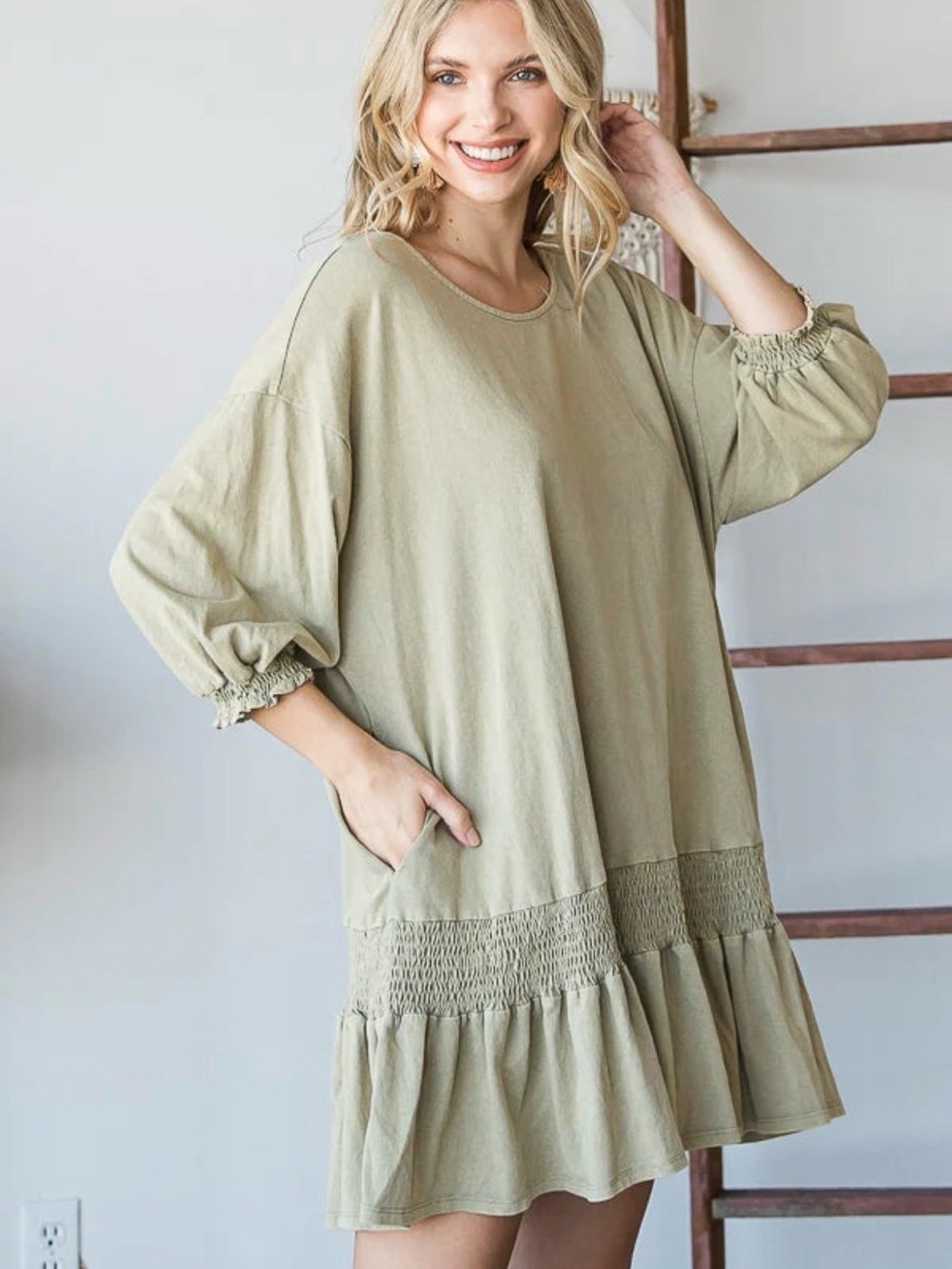 Olive Green Smocked Hem Cotton Dress or Tunic NWT Oli and Hali oversized